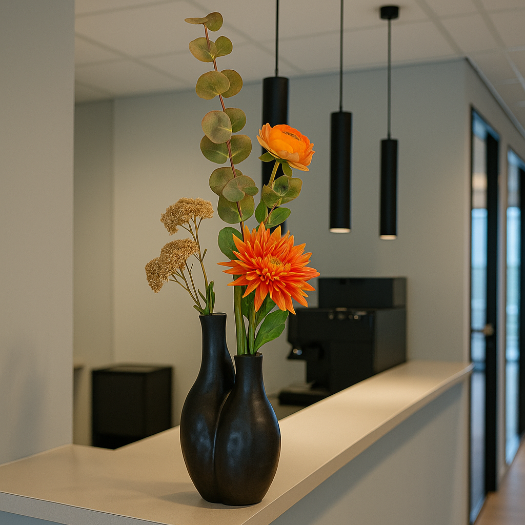 Zwarte tulpen vaas met oranje zijden bloemen